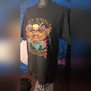 Iron Wheels Custom Co. Graphic Tee —L Vintage Biker Desert Art — Black, Unisex